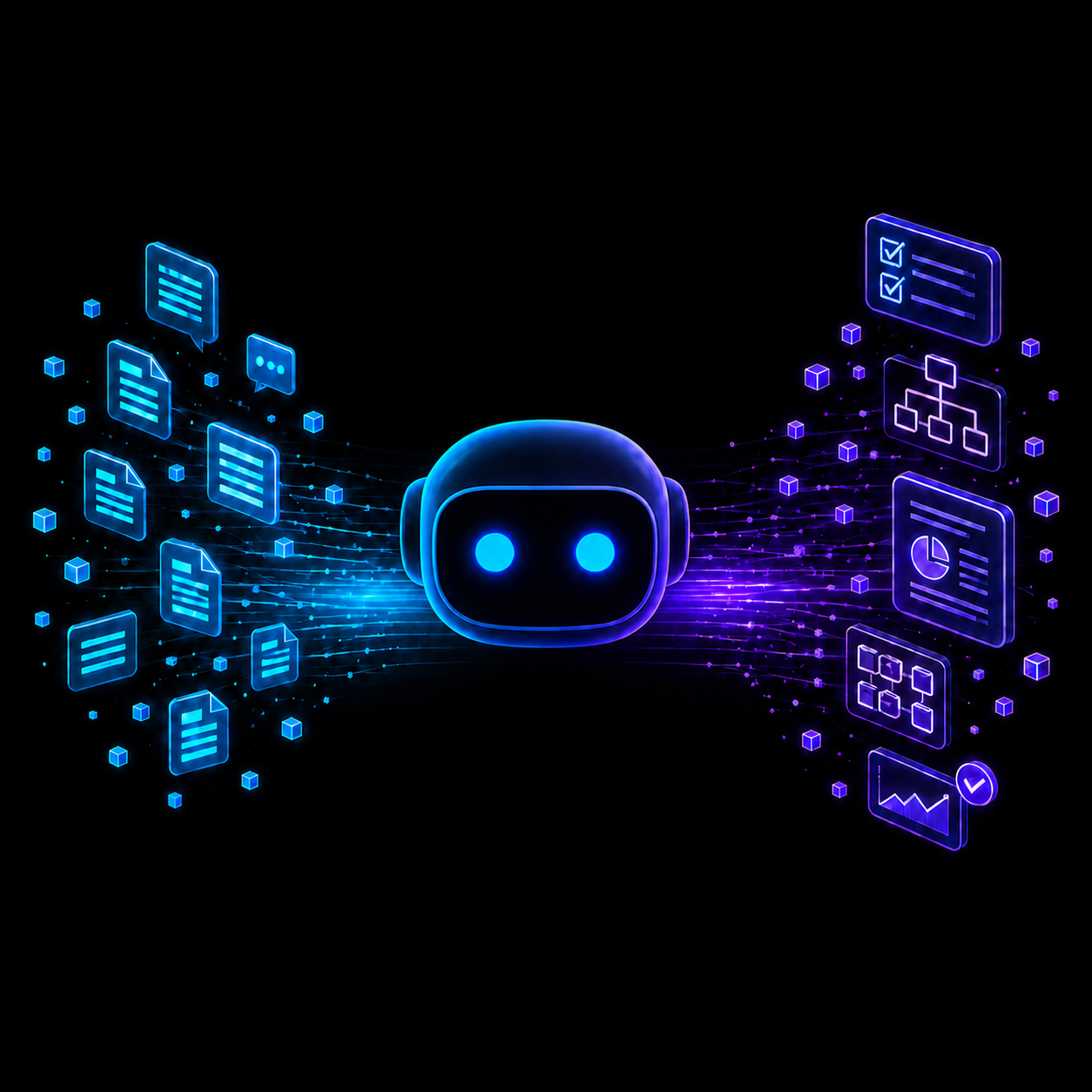Robotic AI agent transforming raw inputs into organized tasks, workflows, and reports