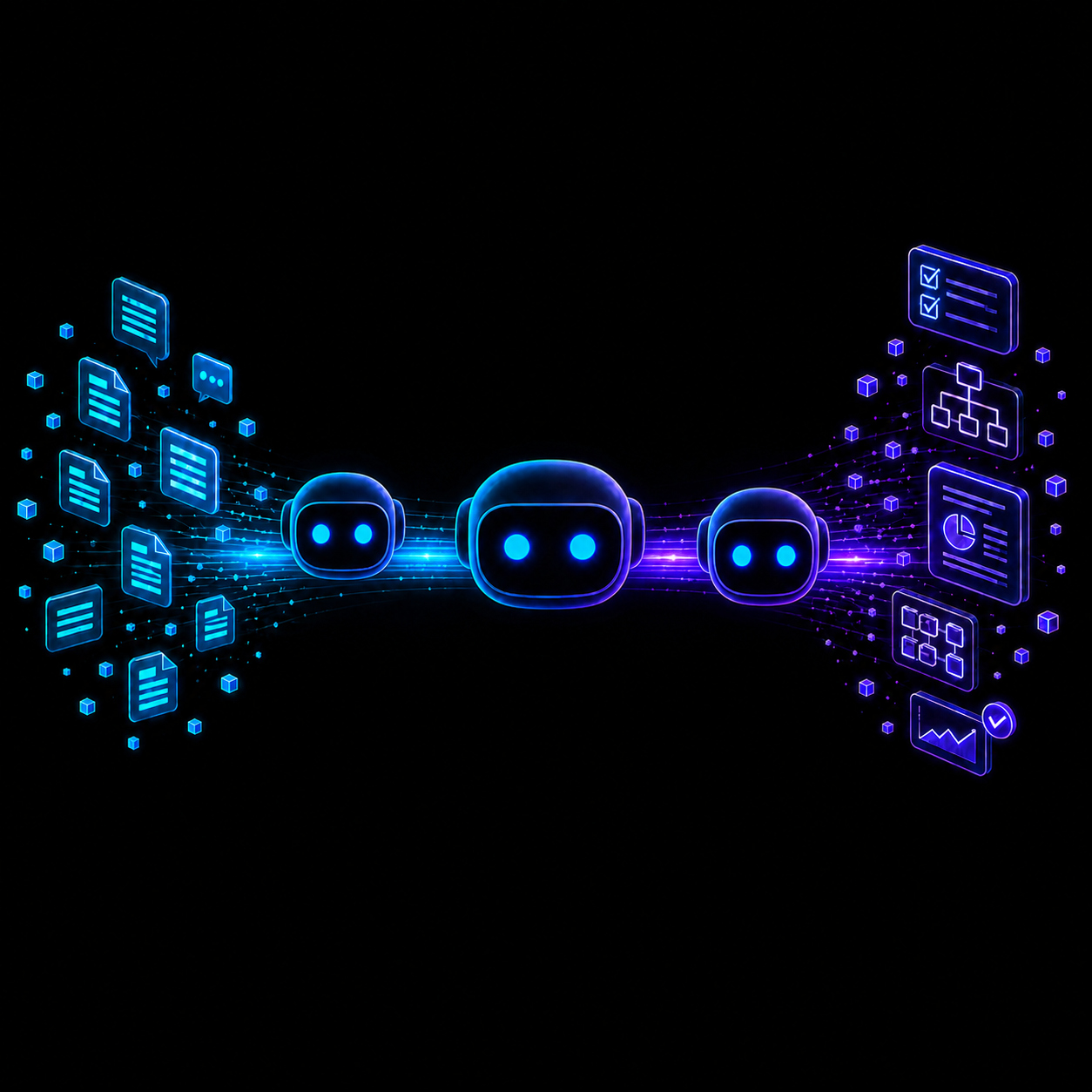 Three collaborative AI agents passing data from inputs to outputs